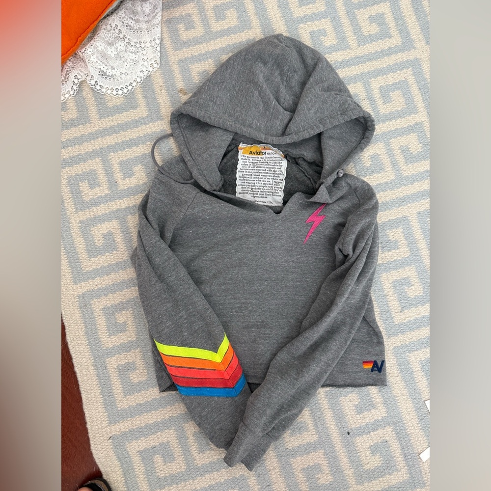 Aviator Nation Gray Hoodie Cropped Bolt neon Small
